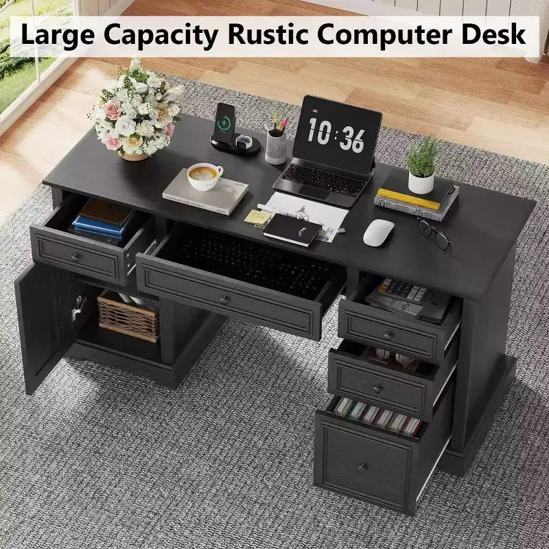 Bureau exécutif 60 po de style campagnard pour bureau à domicile – Bureau d'écriture en bois avec tiroirs, rangement d'armoire, bureau rustique pour le travail et les études