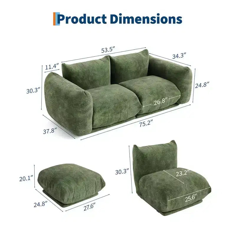 Canapé modulable deux places en tissu chenille, canapé nuage avec éponge haute résilience, canapé sans armature pour appartement, bureau