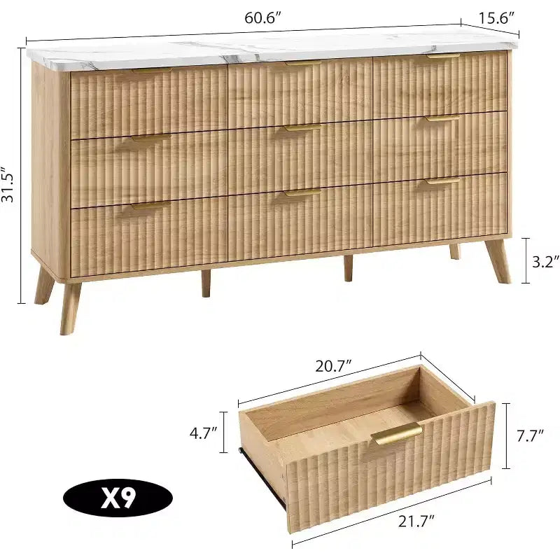 Fluted 9-Drawer Dresser, 60.6 Wide Wood Chest of Drawers with Deep Storage, for Bedroom, Living Room, or Hallway Use