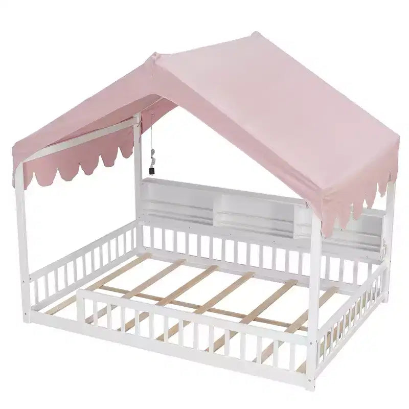Cadre de lit en bois pleine grandeur Whisen, lit de repos en forme de maison avec clôture, 3 étagères de rangement, rideau