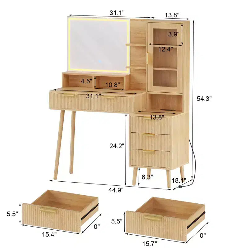 Makeup Vanity Desk with Power Outlet, Big Modern Fluted Vanity Desk with 23.6 Hd Lighted Mirror, 5 Drawers and Storage ShelfDressing Table