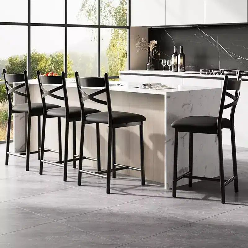 Bar Stools Set of 4, PU Upholstered Bar Chairs, Kitchen Island Chairs with X-Shaped Backrest and Metal Footrest, Black Counter Height Chairs