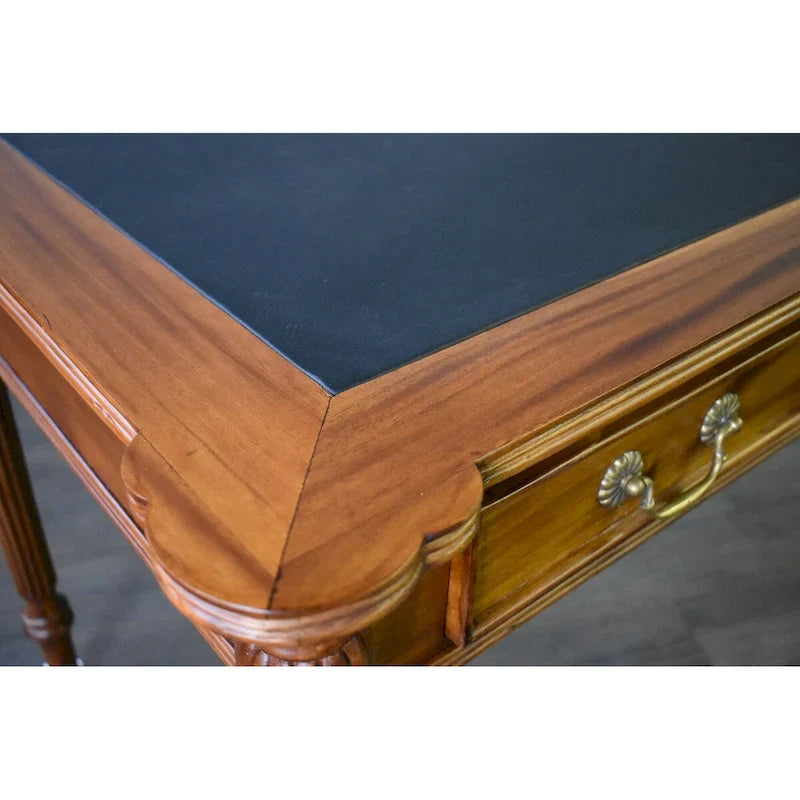 Dark Brown / Light Brown Victorian-Style Solid Mahogany Desk with Black Leather Top and 3 Drawers �C Single Unit