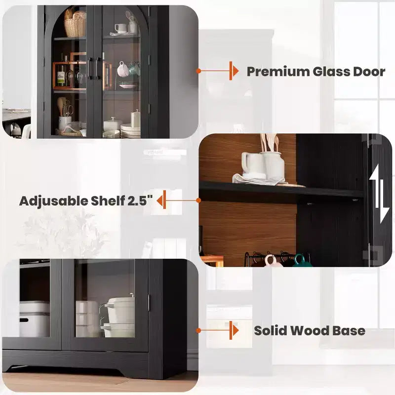 70 Tall Kitchen Pantry Cabinet, Modern Display Cabinet with 4 Arched Glass Doors and Adjustable Shelves, for Kitchen, Living Room, Dining, Bathroom