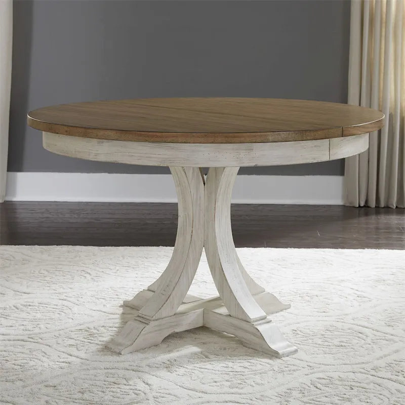 Farmhouse Reimagined Antique White 5 Piece Pedestal Table Set