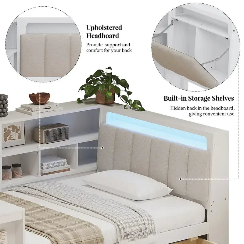 L-shaped Wooden Sofa Daybed with Desk, Bookcase Cabinet, Corner Bed with Under-bed Drawers, Upholstered Headboard Built-in Light