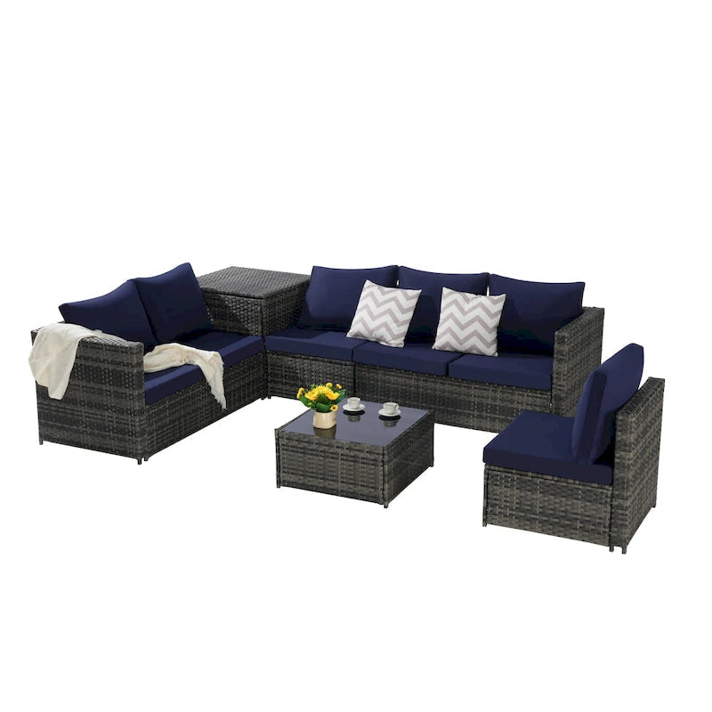 6-Piece Wicker Sectional Sofa Set with Corner & Glass Table