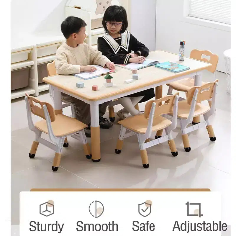 Kids Table and 6 Chairs Set, Height Adjustable Toddler Table and 6 Chair Set for Ages 2-10 for for Crafts and Study, Graffiti Desktop, Non-Slip Legs