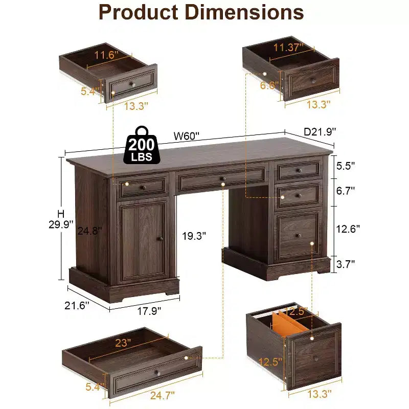 Dyonery 60 Farmhouse Executive Office Desk with Drawers and File Cabinet, Embossed Texture Wood Home Office Desk,Black/Brown/White and brown