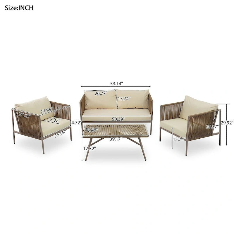 4 PCS Outdoor Rope Patio Set for 4 with Cushions and Glass Table