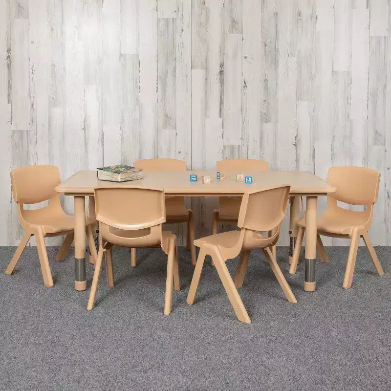 Emma and Oliver 23.625W x 47.25L Rectangular Plastic Height Adjustable Activity Table Set with 6 Chairs