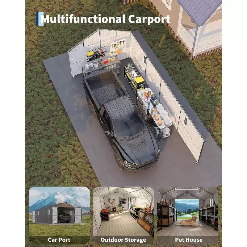 Abri d'auto en métal de 12 x 25 pieds entièrement fermé avec toit vertical et structure en acier