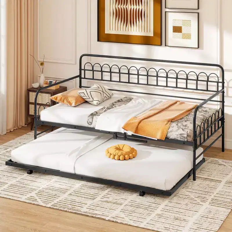Costway Twin Daybed with Trundle Curved Backrest & Armrests Heavy-duty Metal Slats Black/Gold