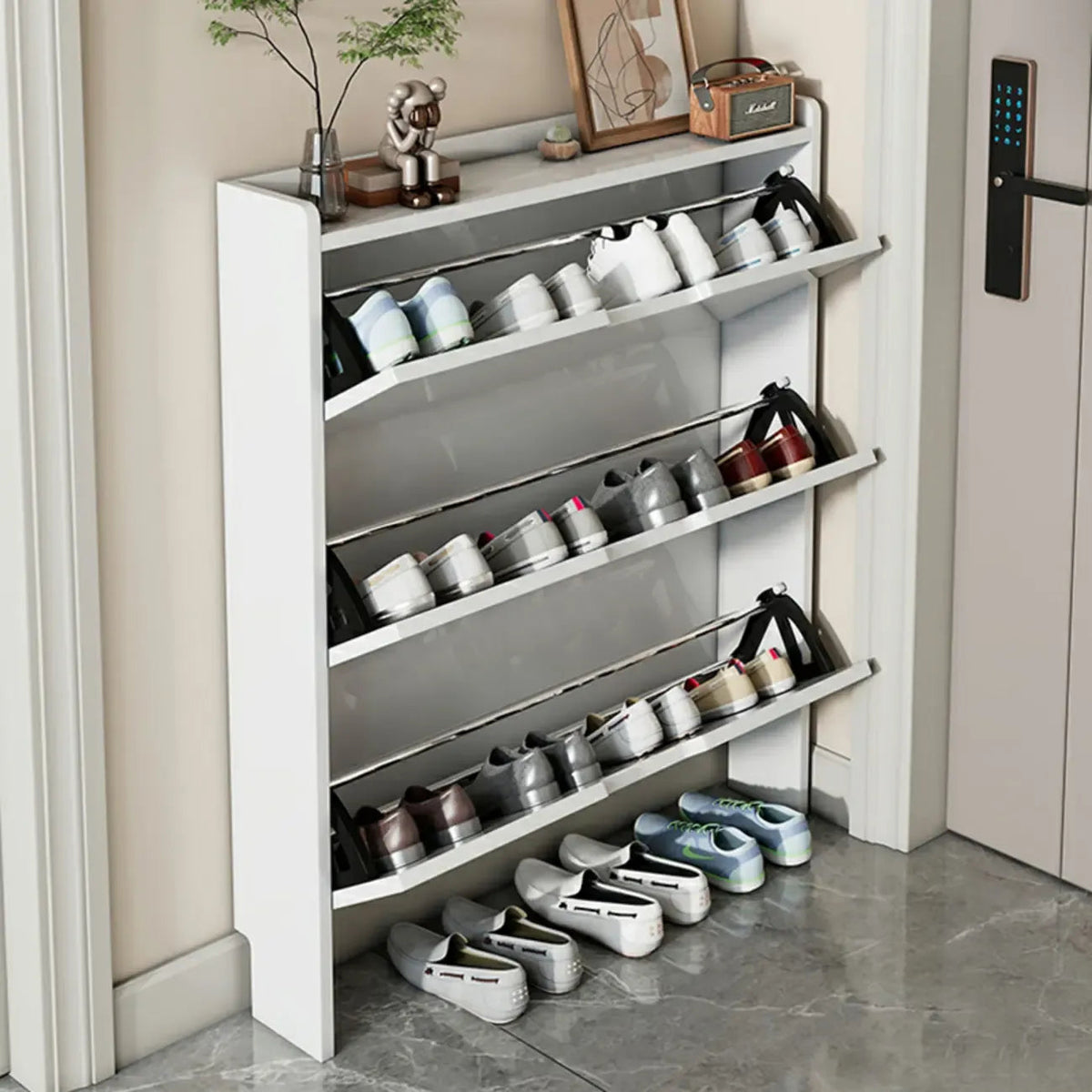 Meuble à chaussures 3 niveaux en bois blanc avec portes abattantes