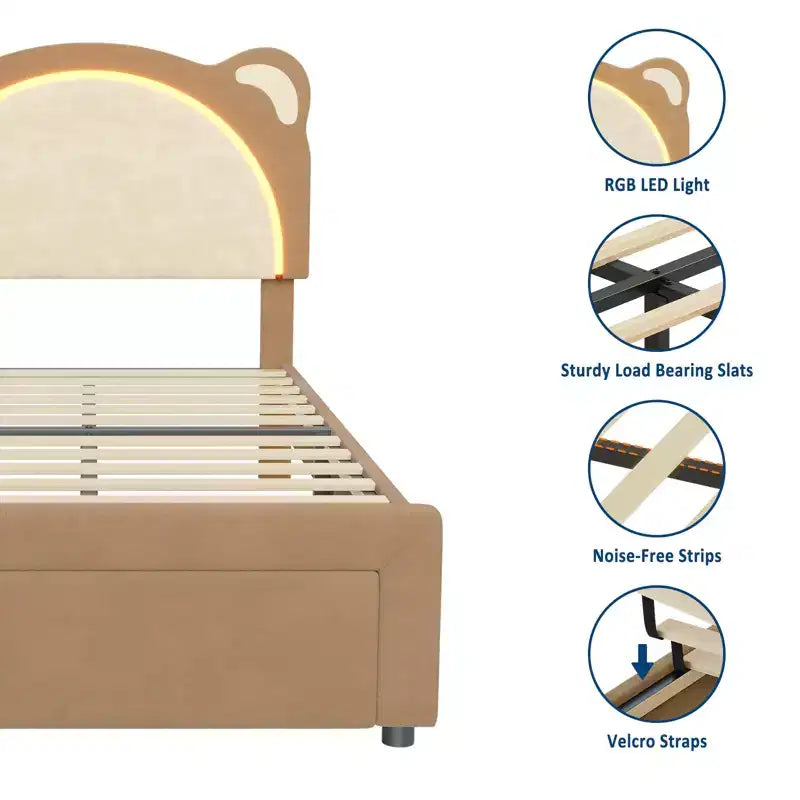 Cute Kids Bed Frame - Adjustable adorable bear design, suede upholstery, storage drawers, solid wood slats, quiet design, easy to assemble.