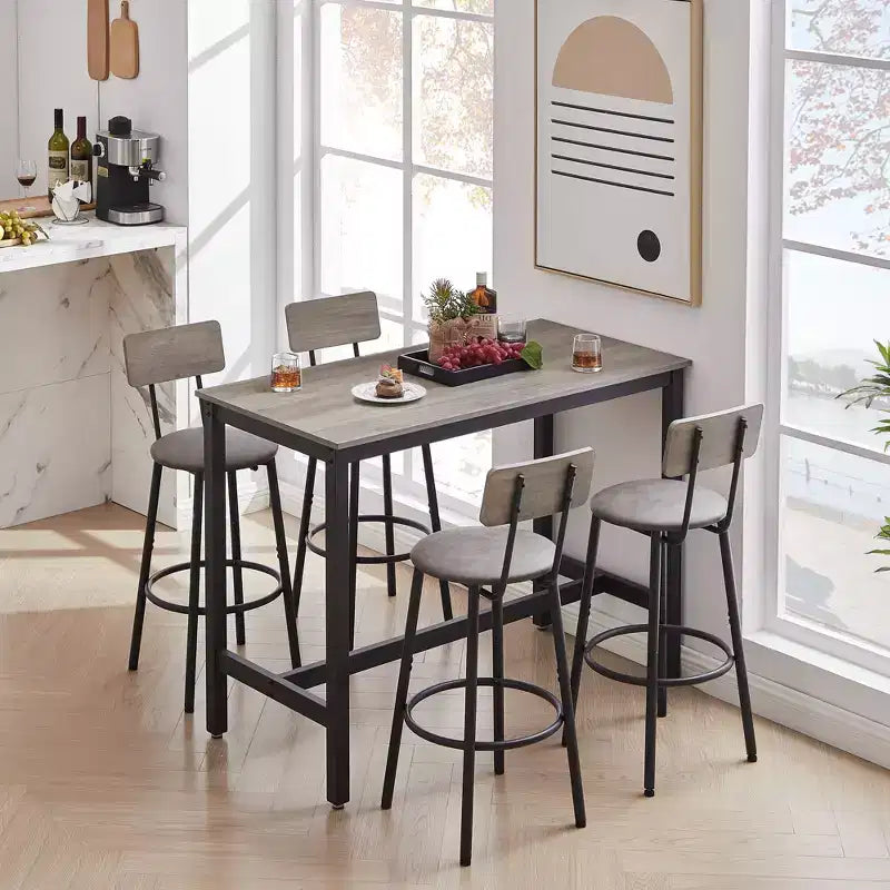 5 Piece Dining Table Set, Bar Table Set with 4 Upholstered Stools, Wooden Backrest, Ring-Shaped Footrest, for Living Room Study Dining Room