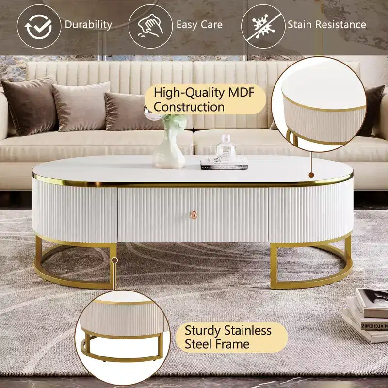 47W Modern Coffee Table Cocktail Table Center Table Accent Table with Drawers, Curved Profile Design, Gold Metal Leg, Oval, White+Gold-ModernLuxe