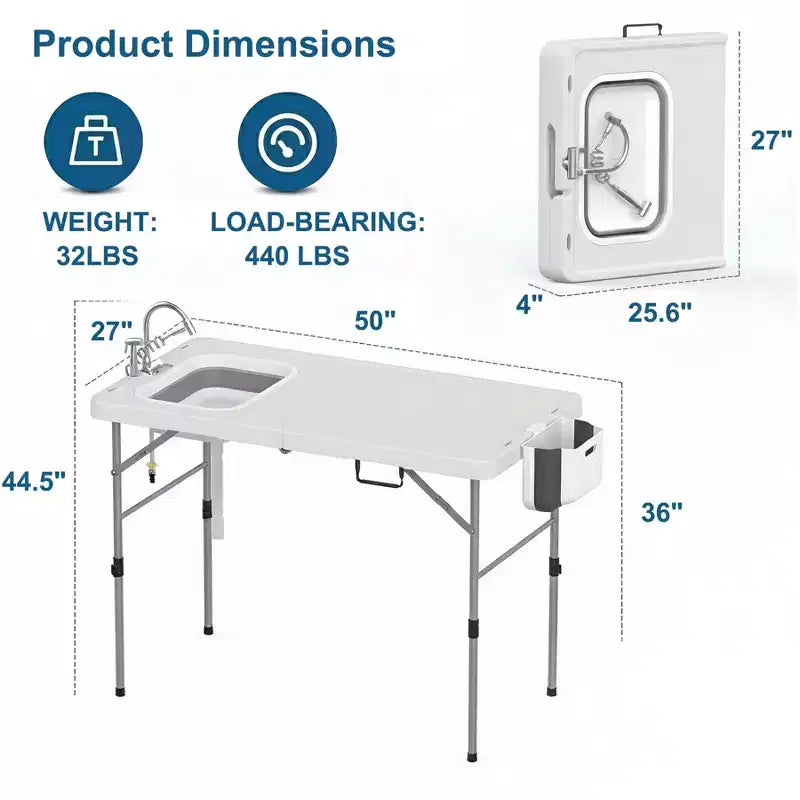 Folding Fish Cleaning Table with Foldable Sink, Portable Camping Table & Fish Cleaning Station, Camping Sink with Faucet Drainage Hose & Sprayer