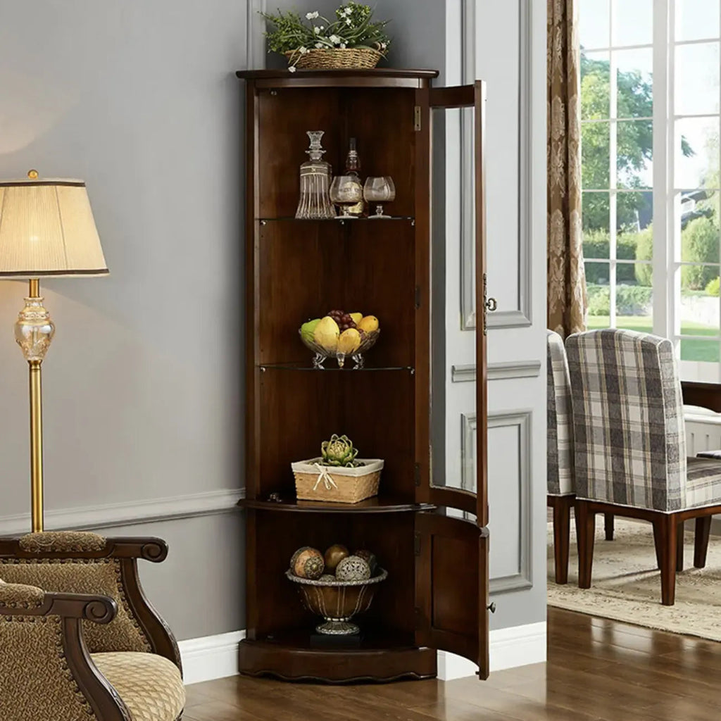 Classic Brown Rubberwood Corner Cabinet with Glass Door