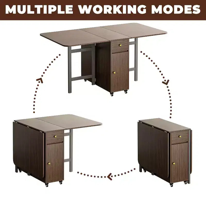 ATJafurn 59 Foldable Dining Table with Drop Leaves for Small Space, Rectangular Wooden Extendable kitchen Table with Wheels and Storage