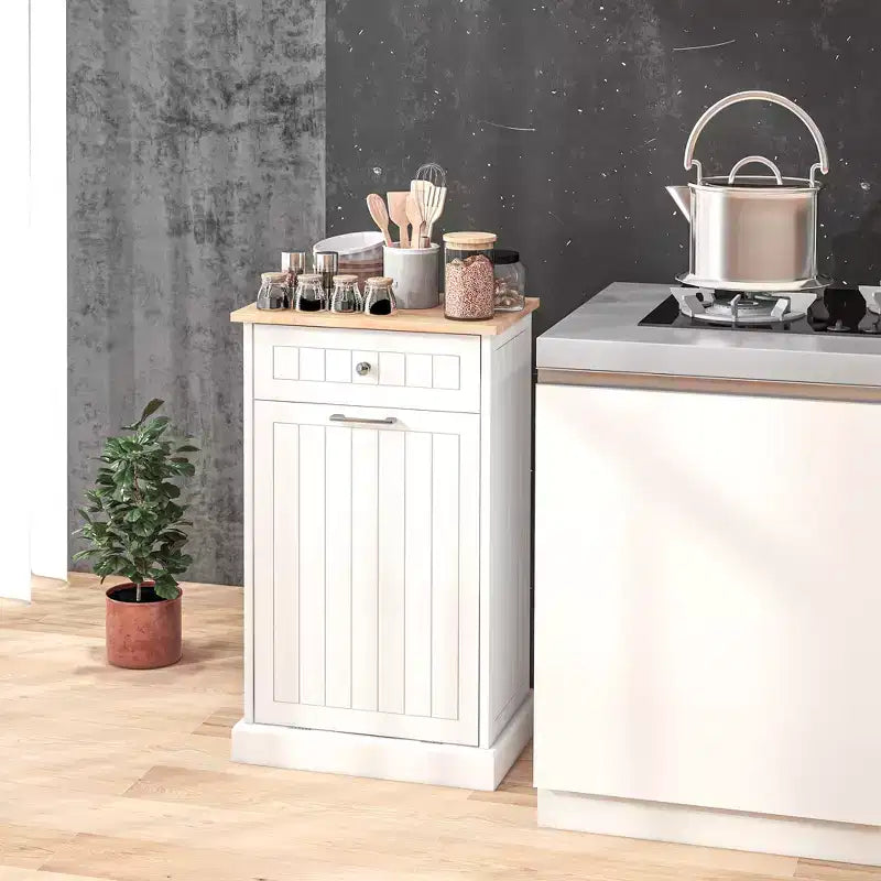 HOMCOM Kitchen Tilt Out Trash Bin Cabinet Free Standing Recycling Cabinet Trash Can Holder With Drawer