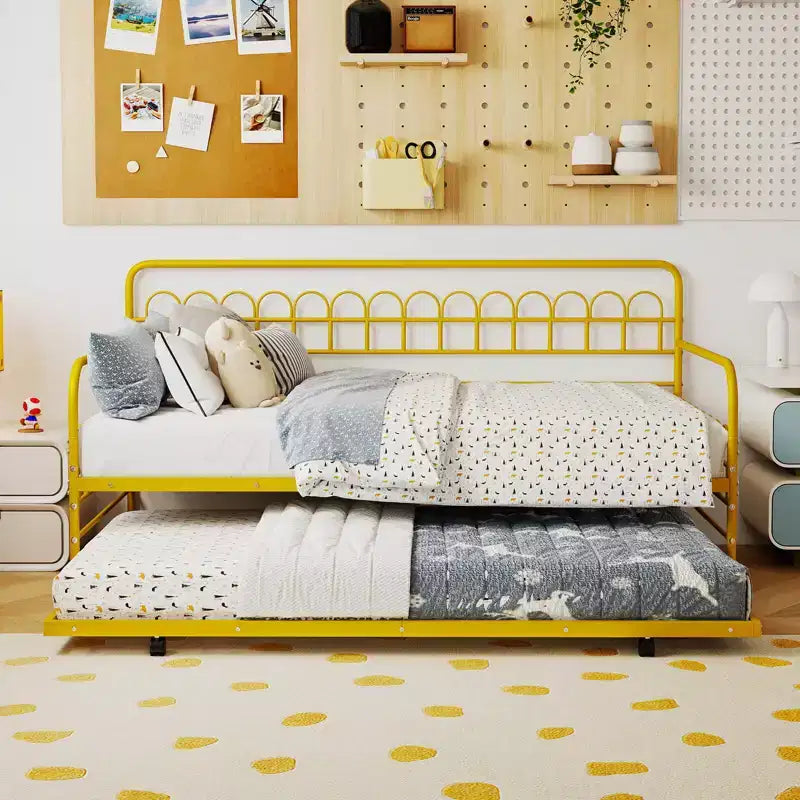 Costway Twin Daybed with Trundle Curved Backrest & Armrests Heavy-duty Metal Slats Black/Gold