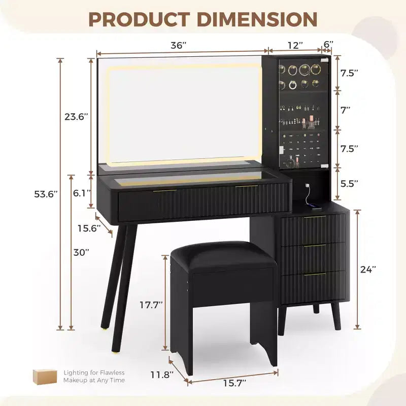 Coiffeuse cannelée de 122 cm avec miroir et lumières LED, station de charge, tabouret de rangement rembourré pour chambre à coucher