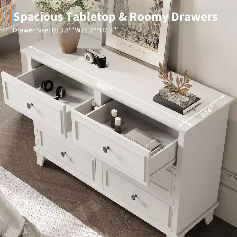 Dresser for Bedroom, 6 Drawer Wide Dresser Storage Organizer, Modern Wooden Chest of Drawers with Metal Handles for Hallway, Entryway, Home Office