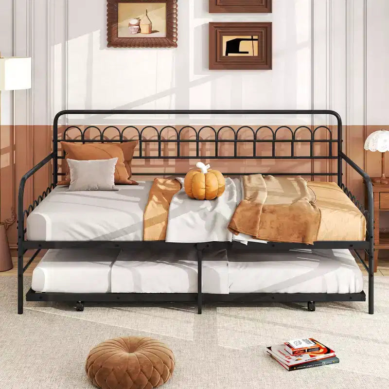 Costway Twin Daybed with Trundle Curved Backrest & Armrests Heavy-duty Metal Slats Black/Gold