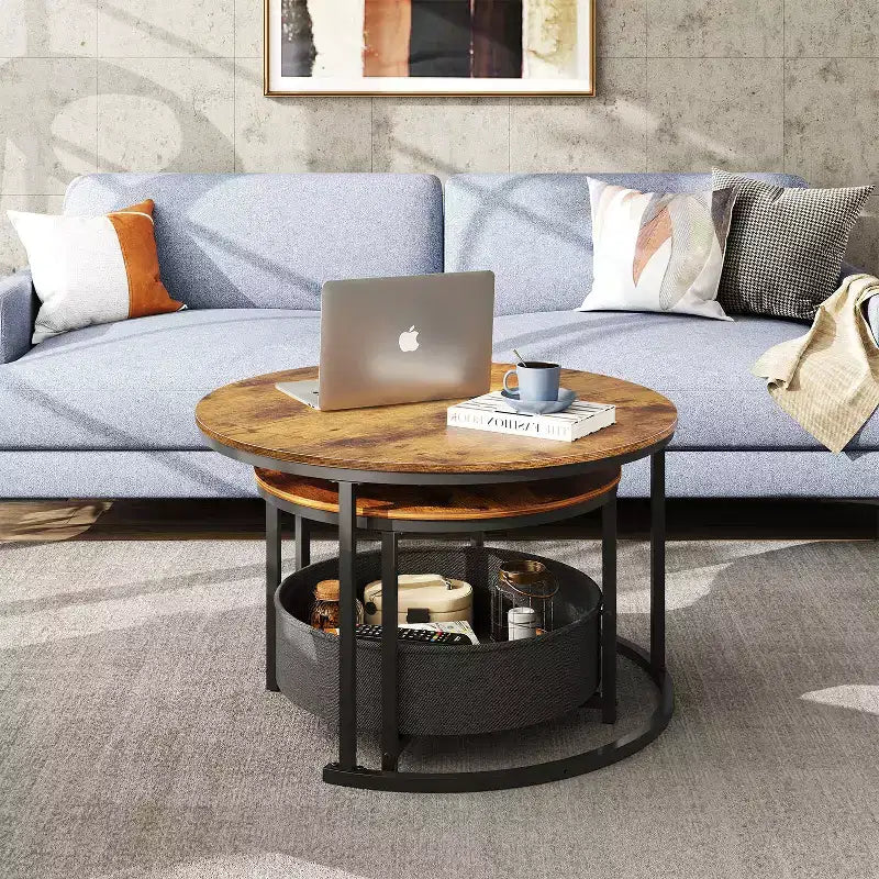 GALAXHERO Set of 2 Nesting Round Coffee Tables - 31.5 Center Tables with Storage & Metal Frame for Living Room/Apartment