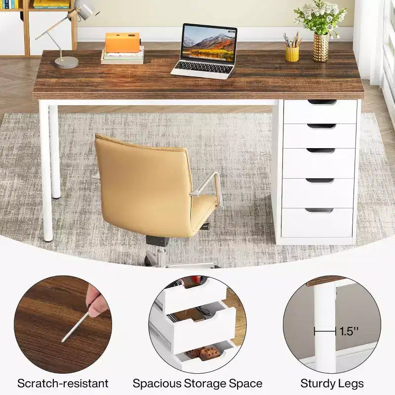 Lantine Computer Desk with 5 Drawers, 47 inches Modern Simple Home Office Desk Study Writing Table for Small Spaces