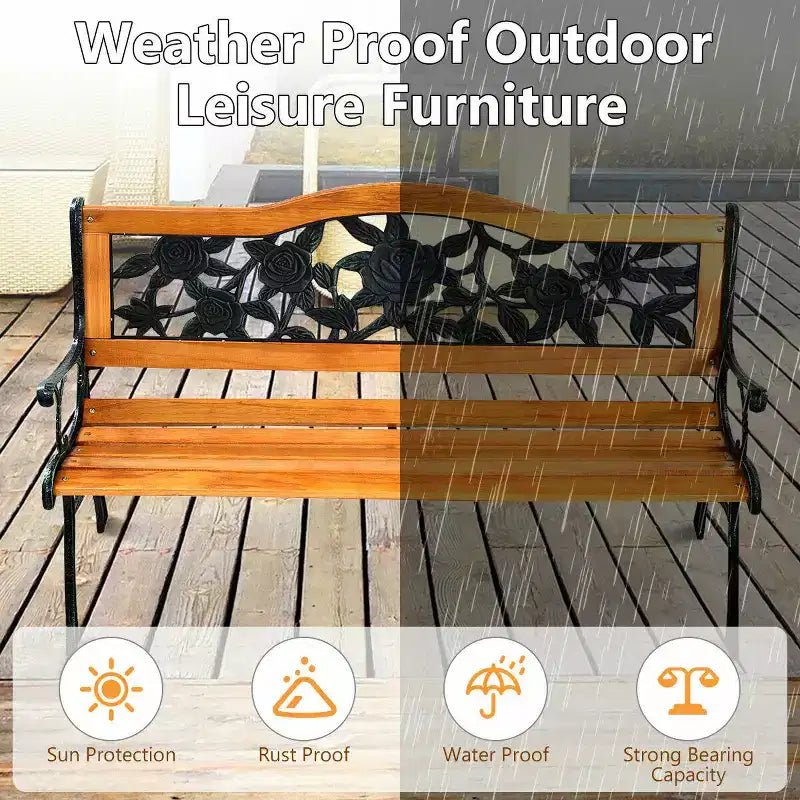 Costway Patio Park Garden Metal Bench Porch Path Chair Furniture Cast Iron Hardwood