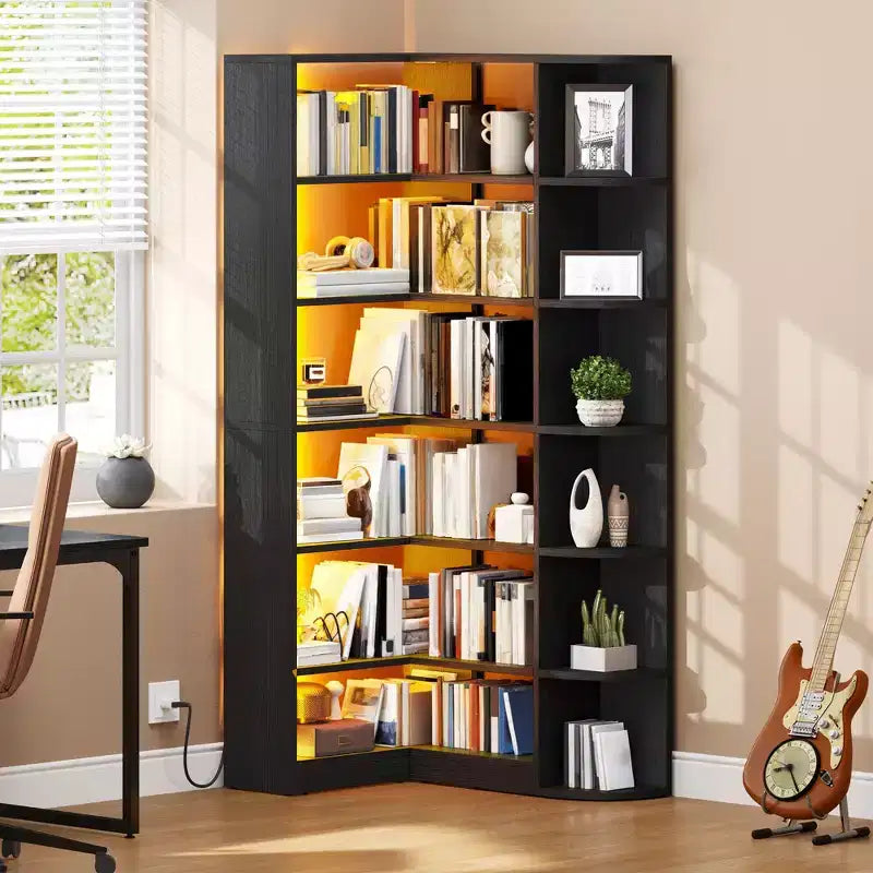 6 Tier Bookshelf with LED Light 70.8inch Modern Bookcase, L-Shaped Bookcase Corner shelf Storage Organizer Display Shelf