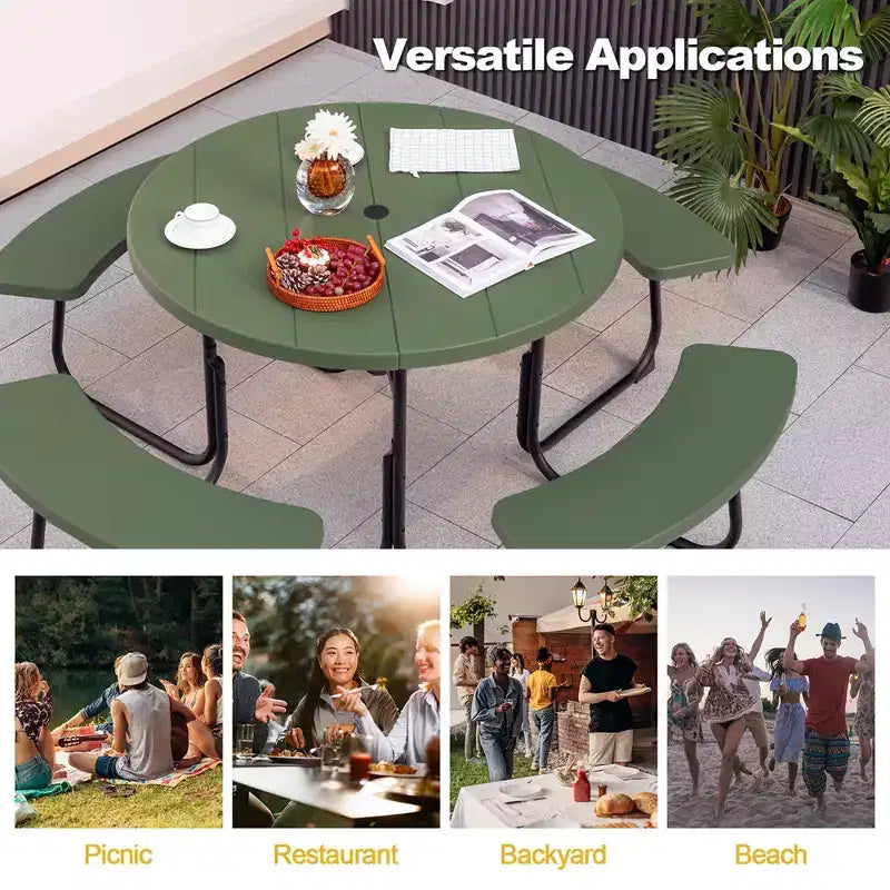 Costway Outdoor 8-person Round Picnic Table Bench Set with 4 Benches & Umbrella Hole Black/Grey/Green/White