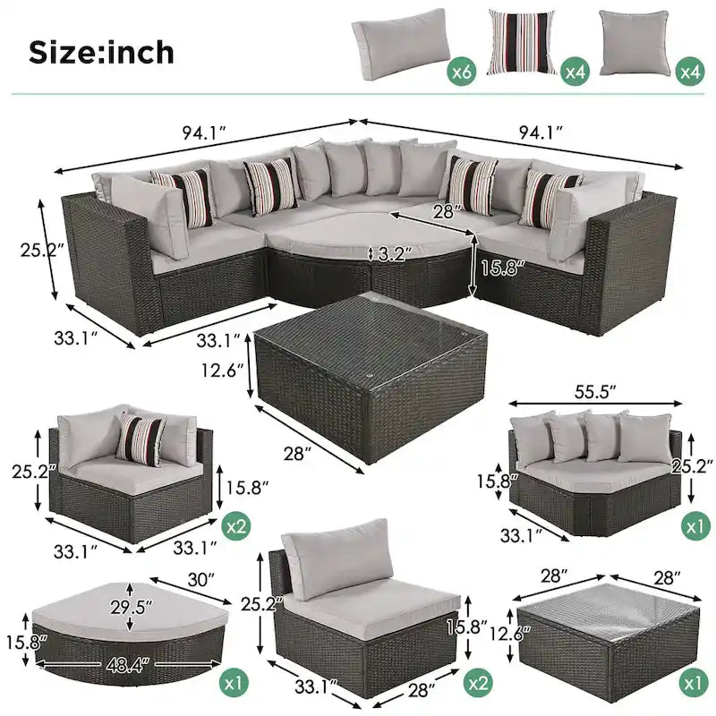 Ensemble de canapé d'extérieur moderne en osier 7 pièces avec table basse, coussins et oreillers rayés, idéal pour le patio, le jardin, la terrasse