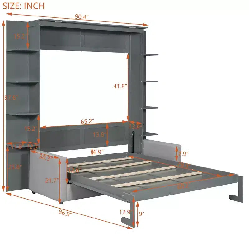 Queen Murphy Bed Wall Bed with Sofa, Queen Size Cabinet Bed Folding Wall Bed with Bookshelf and Shelves for Guest Room Office
