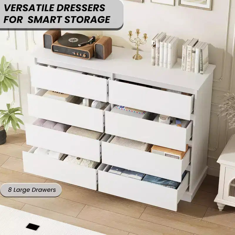 Modern Dresser for Bedroom with 8 Drawers, Wooden Storage Organizer Unit for Closet, Wide Chest of Drawers