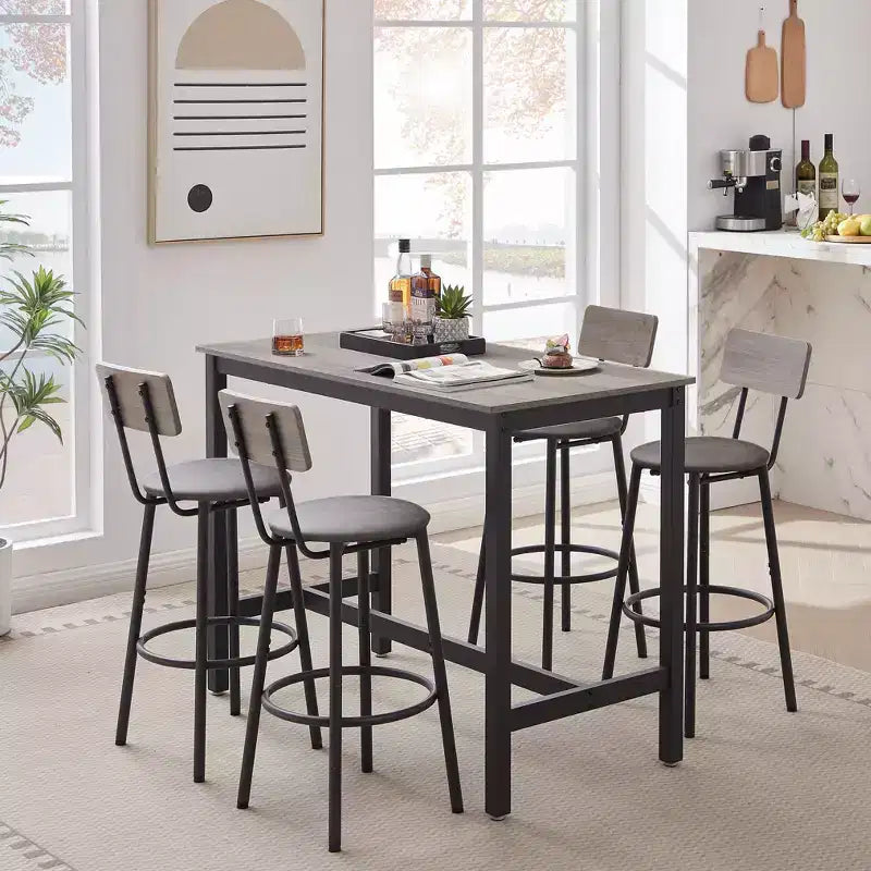 5 Piece Dining Table Set, Bar Table Set with 4 Upholstered Stools, Wooden Backrest, Ring-Shaped Footrest, for Living Room Study Dining Room