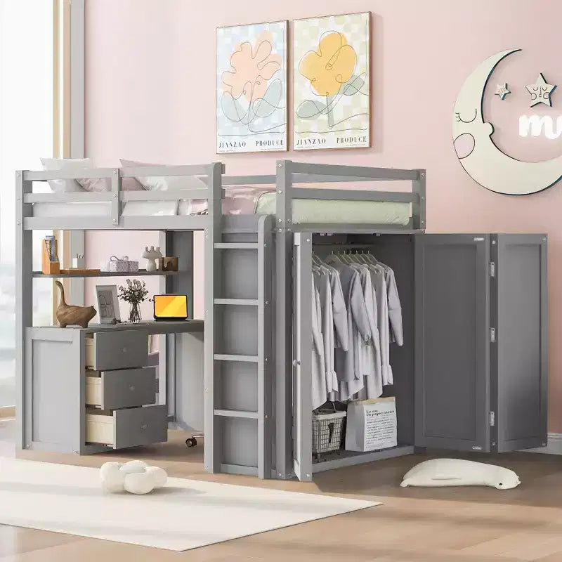 CLIHOME Full size Loft Bed with 3 Storage Drawers, Desk and Wardrobe