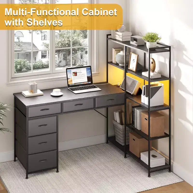47 L-Shaped Computer Desk with 6 Drawers & 5-Tier Shelves, Reversible Corner Gaming Desk with LED Lights & Power Outlets