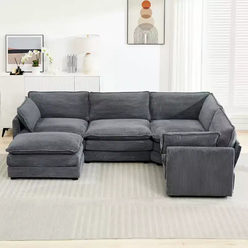 Modern 113.4D*79.13W Oversized Corduroy Modular 5-Seat Sectional Sofa Set with Ottoman U Shaped Sofa Couch with Corner Sofa,HYLEORY
