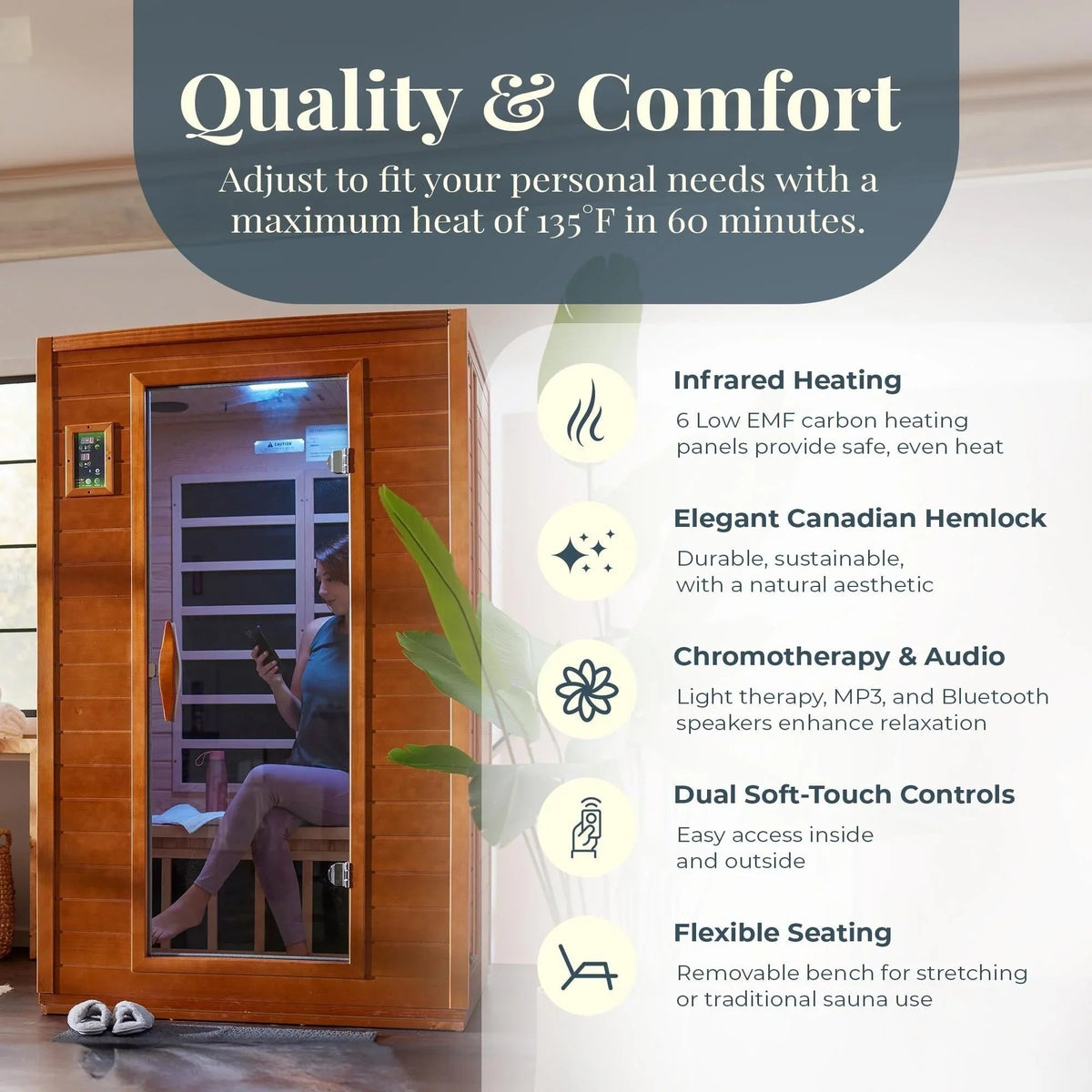 2-Person Low EMF FAR Infrared Sauna, Canadian Hemlock Wood