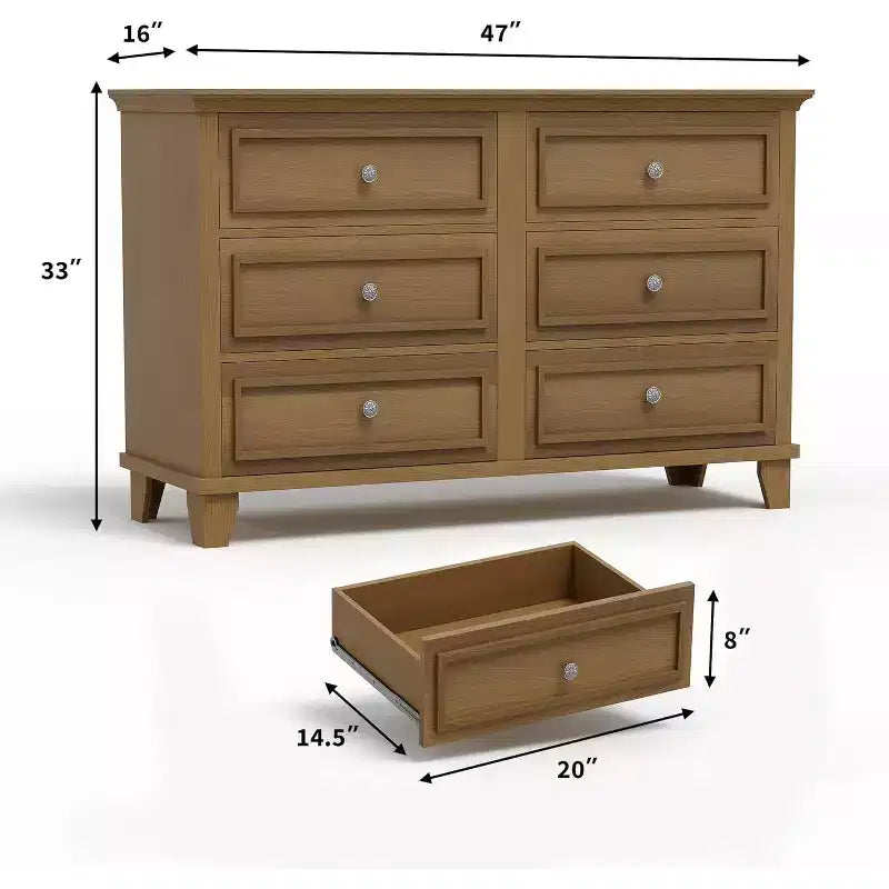 Dresser for Bedroom, 6 Drawer Wide Dresser Storage Organizer, Modern Wooden Chest of Drawers with Metal Handles for Hallway, Entryway, Home Office