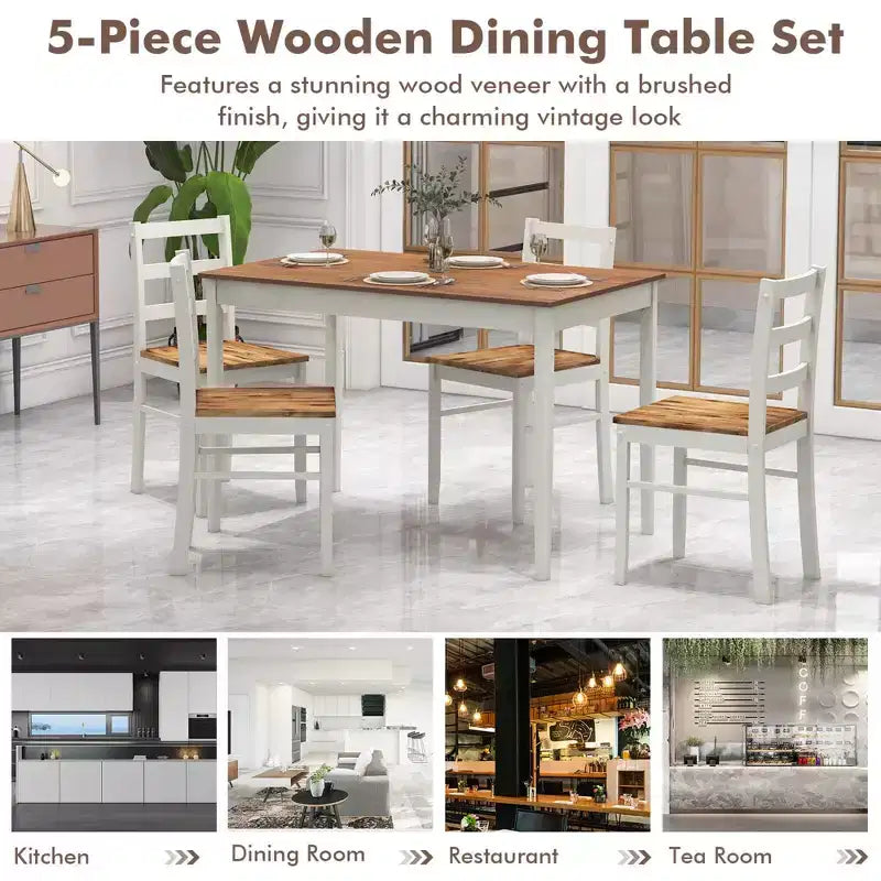 Costway 5-Piece Dining Set Solid Wood Kitchen Furniture with Rectangular Table & 4 Chairs Natural/Coffee/Grey