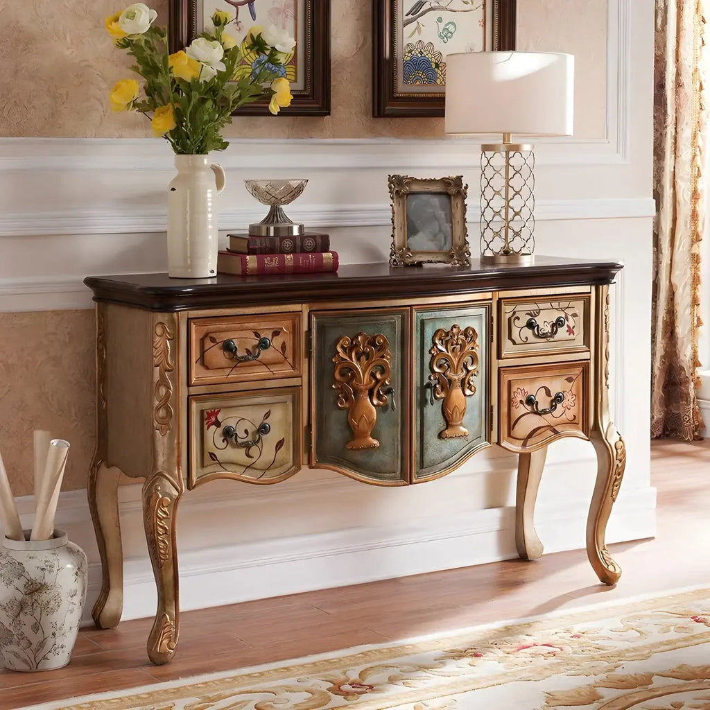 French Coffee Wood Storage Console Table with Drawers