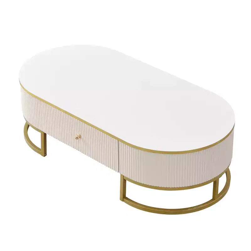 47W Modern Coffee Table Cocktail Table Center Table Accent Table with Drawers, Curved Profile Design, Gold Metal Leg, Oval, White+Gold-ModernLuxe