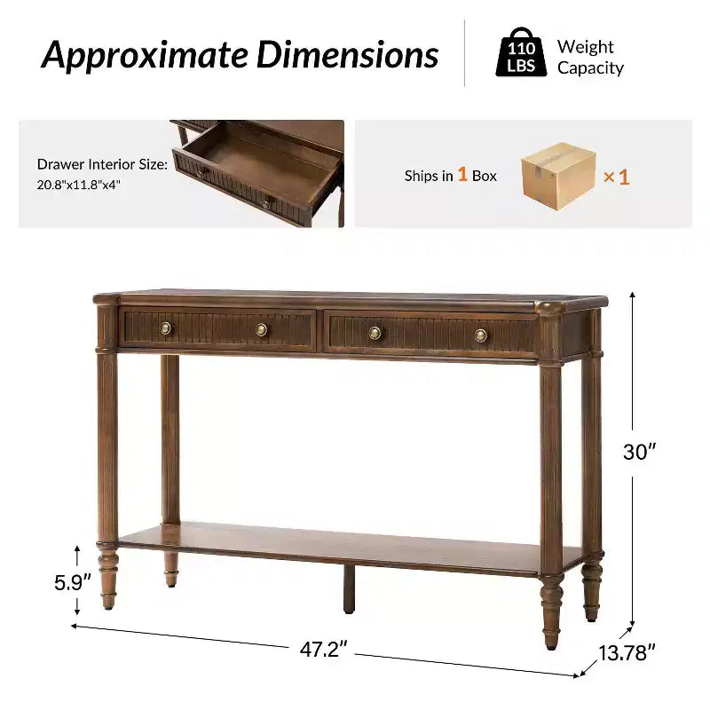 47.2 Walnut Console Table with 2 Fluted Drawers & Lower Shelf