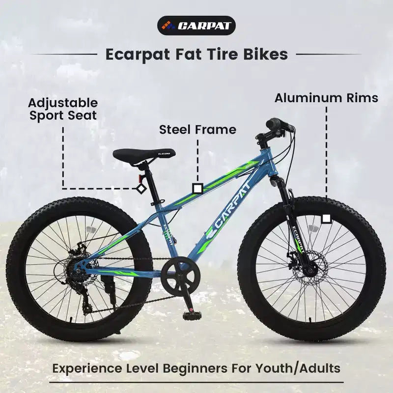 Okak 24IN Fat Tire Bike with Front Suspension, 7-Speed Mountain Bike with Disc Brake and High-Carbon Steel Frame, Trail Bike for Commuting