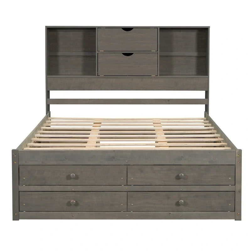 Gray Queen Size Modern Wooden Bed with Storage Headboard and 8 Drawers