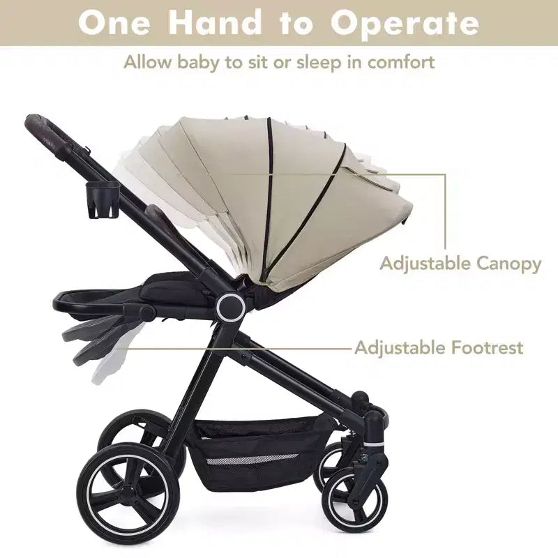 Baby Stroller, Foldable Stroller - High Landscape Pushchair for Newborn & Toddler, Convertible Pram with Reversible Backrest